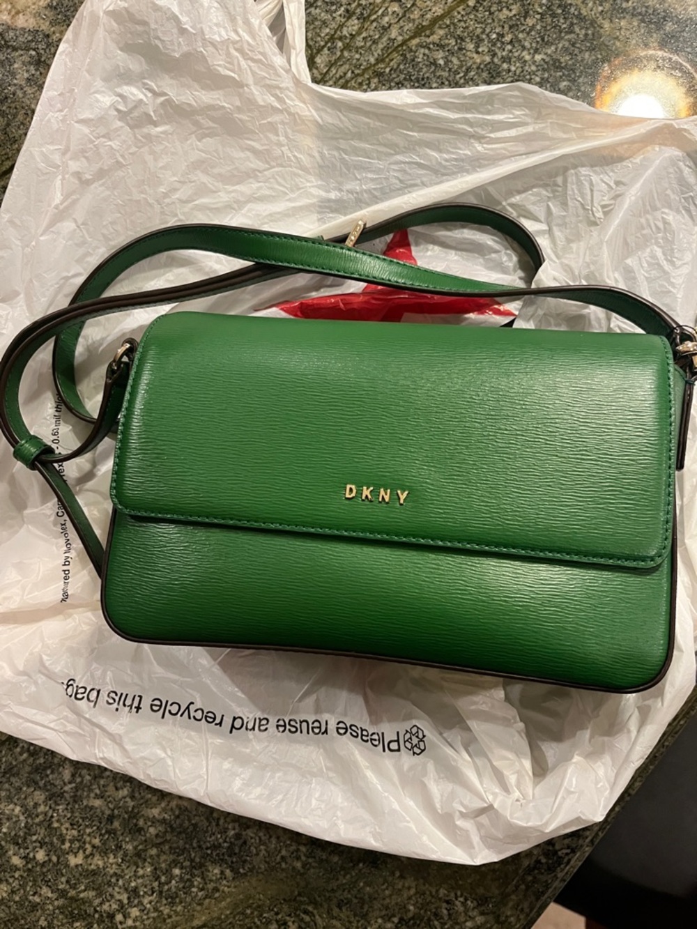 DKNY Green Leather Crossbody Shoulder Bag with Gold Logo